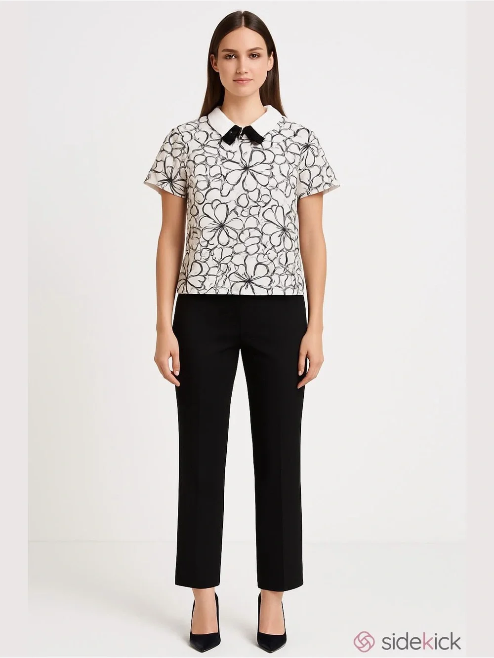 Karl Lagerfeld Paris Floral Lace Bow Collar Blouse Top White Black Size 12 - Picture 1 of 9